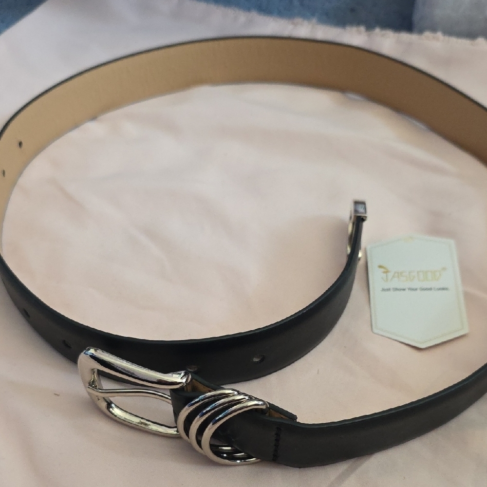 Women's Black Leather Belt with Silver Buckle By Jasgood, NWT - Picture 13 of 14